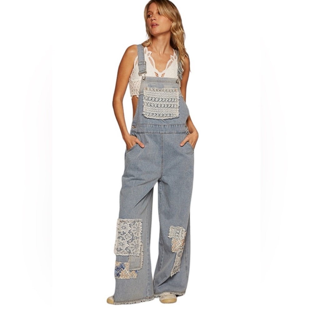 Women's Crochet Patchwork Denim Relaxed Fit Overalls